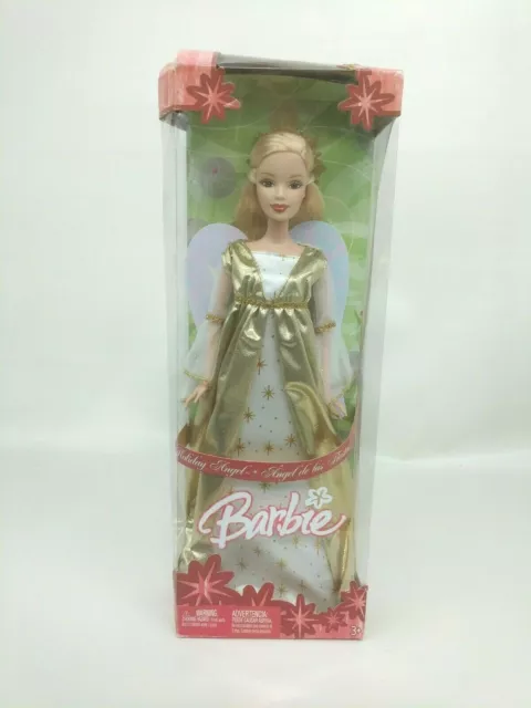 Holiday Angel Blond Barbie Doll Mattel G5322 2005 White Wings Gold Gown Dress
