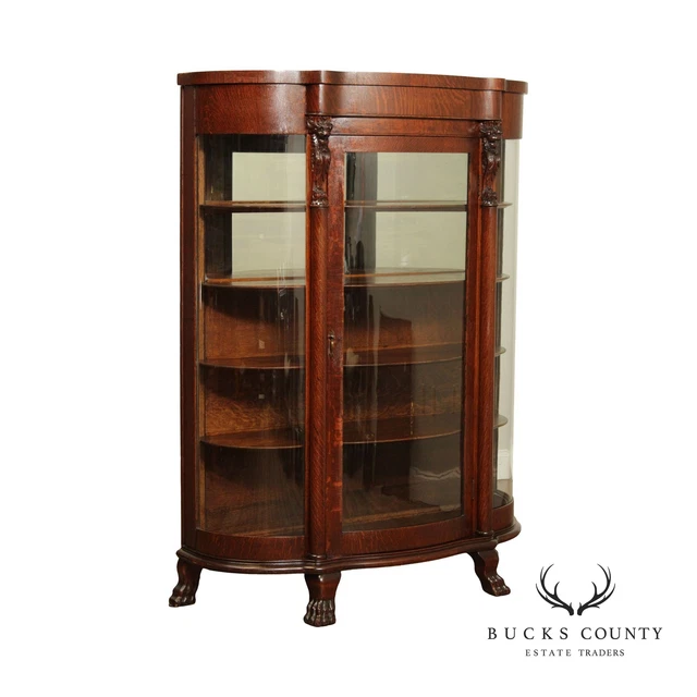 Antique 19th C. Victorian Carved Oak Bowed Glass Curio China Cabinet