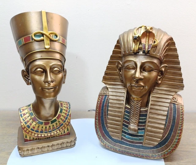 EGYPTIAN KING TUT and Queen Nefertiti Set Bust Egypt Decor Statue