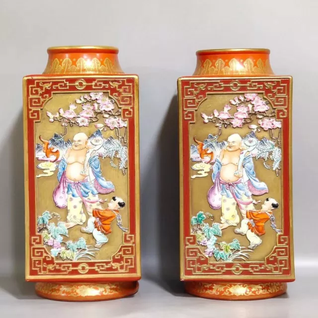 A Pair Beautiful Chinese Hand Painting Famille Rose Porcelain Figure Vase