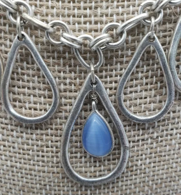 Liz Claiborne Silver Tone Chain Link Blue Teardrop Beaded Pendant Necklace 18” 3