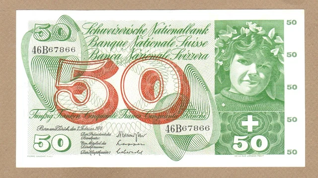 SWITZERLAND: 50 Franken Banknote,(XF),P-48n,07.02.1974,No Reserve