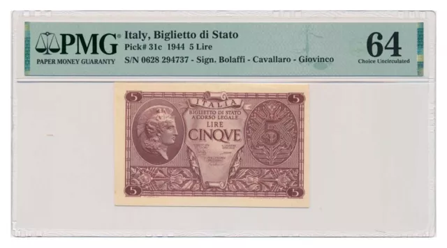 ITALY banknote 5 Lire 1944 PMG MS 64 EPQ Choice Uncirculated