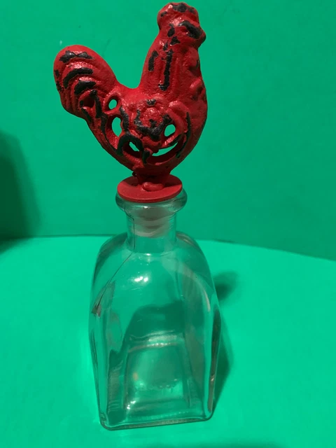 NIB - Cracker Barrel Wrought Iron Red Rooster Stopper & Decorative Glass Bottle