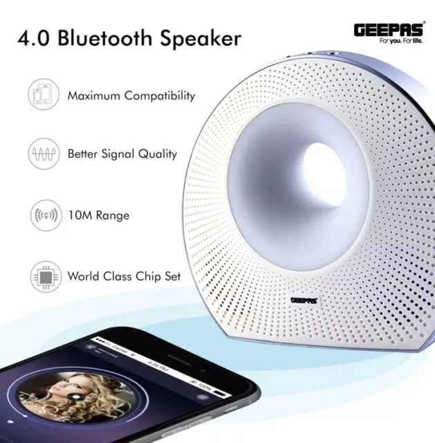 Geepas Portable 4.0 Bluetooth Speaker Rechargeable Wireless USB AUX LED Lights 2