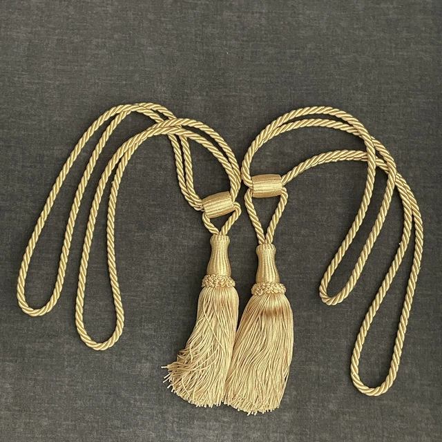 Pair of 2 Gold Braided Rope Curtain Tie Backs with Large Tassels 26" Length