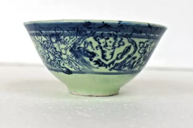 Ancien Chinois Bleu & Blanc Riz Bol Imprimé Bâton Floral Design Porcelaine " FK6