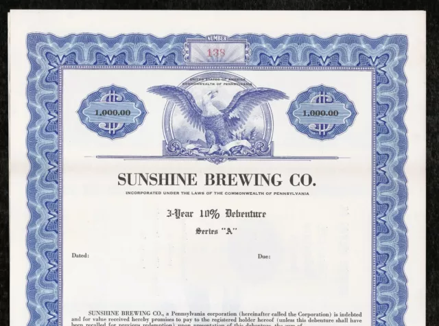 $1000 Sunshine Brewing Company Reading PA Bond Certificate Stock