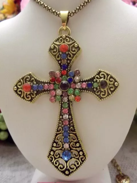 Betsey Johnson Beautiful Crystal Inlay Colorful Cross  Pendant Chain Necklace