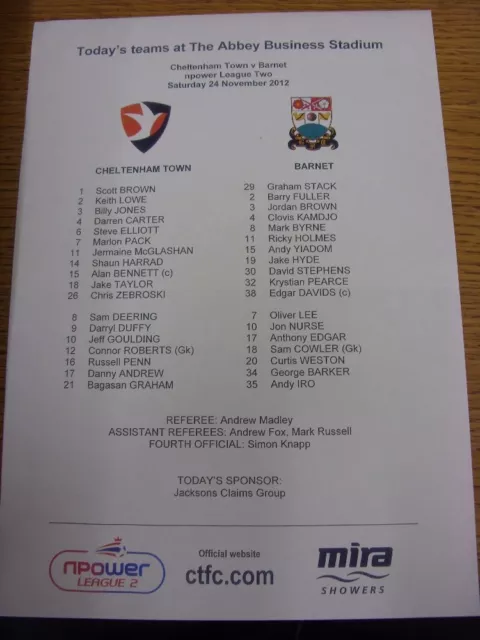 24/11/2012 Colour Teamsheet: Cheltenham Town v Barnet  (Folded). Thanks for view