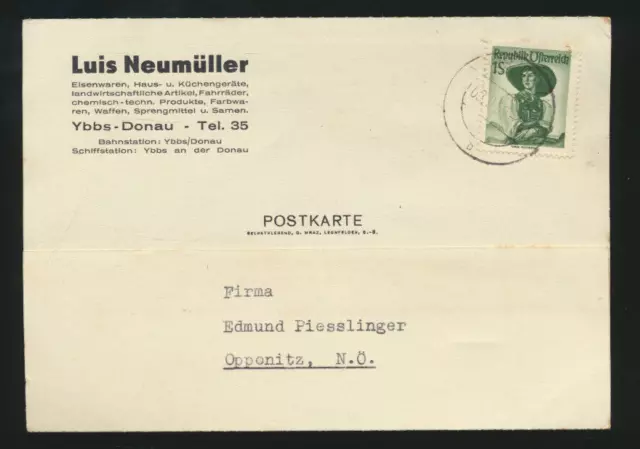 Geschäfts-Postkarte 1952 aus Ybbs an der Donau, Eisenwaren Luis Neumüller