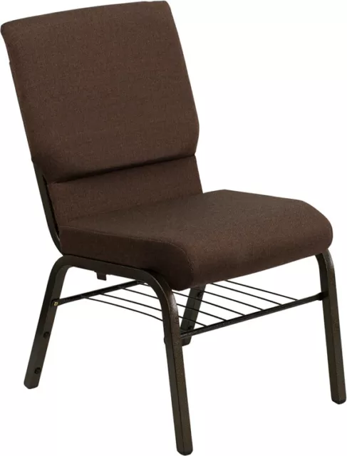10 PACK 18.5'' Wide Brown Fabric Church Chair with Book Rack and Gold Vein Frame