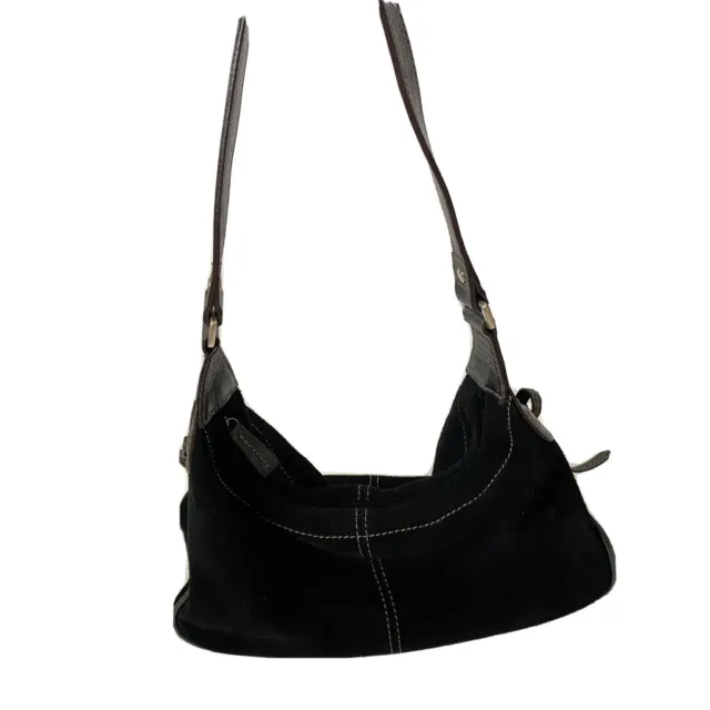 Fossil Black Leather Suede Hobo Shoulder Mini Bag Purse Top Zip Strap Y2K