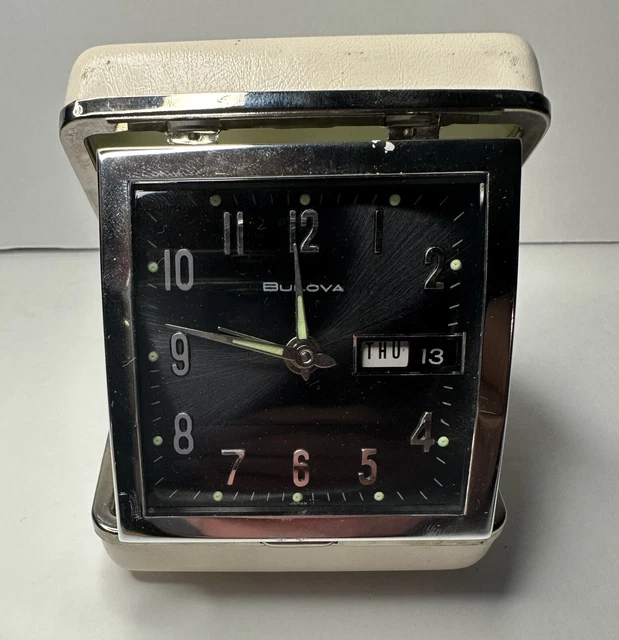 Vintage Bulova Wind-Up Travel Alarm Clock White Case Silver Trim