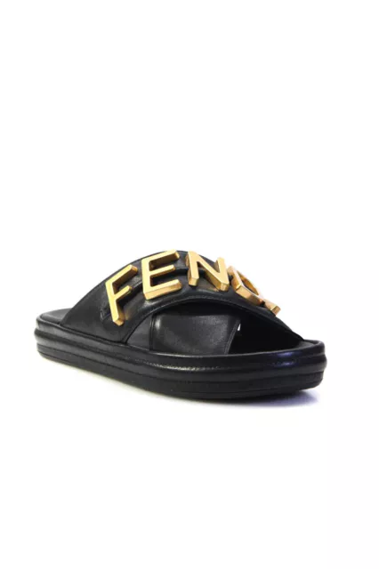 Fendi Womens Logo Embellished Cross Strap Slide Sandals Black Leather Size 37