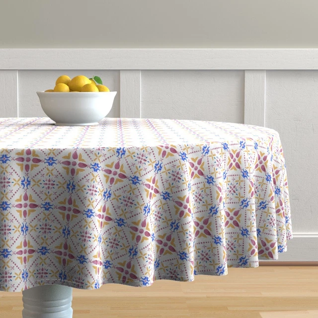 Round Tablecloth Tile Geometric Mosaic Talavera Spanish Moroccan Cotton Sateen