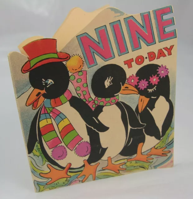 Vintage Greetings Card Nine Today - Penguins Mia Cards England Ref 718 Circa 40s