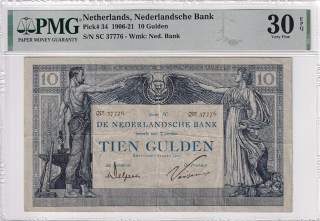 Netherlands 10 Gulden 1920 PMG 30 EPQ