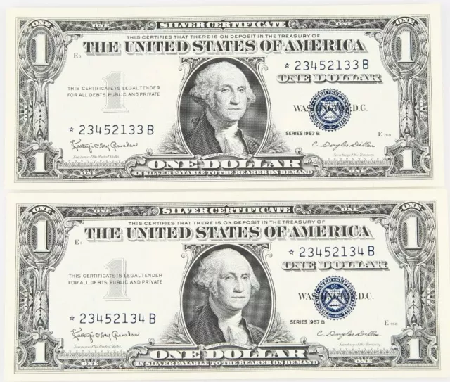 Lot of 2 Consecutive 1957 Silver Certificate Star Notes UNC Condition