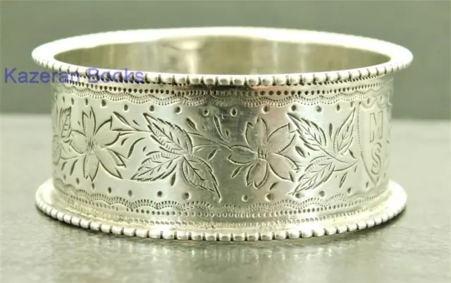 Antique Victorian Sterling Silver Floral Design Beaded Rim Serviette Napkin Ring 2
