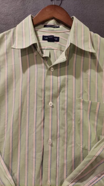 Lands' End Men 16.5 33 Pinpoint Oxford No Iron Shirt Cotton Green Supima Striped