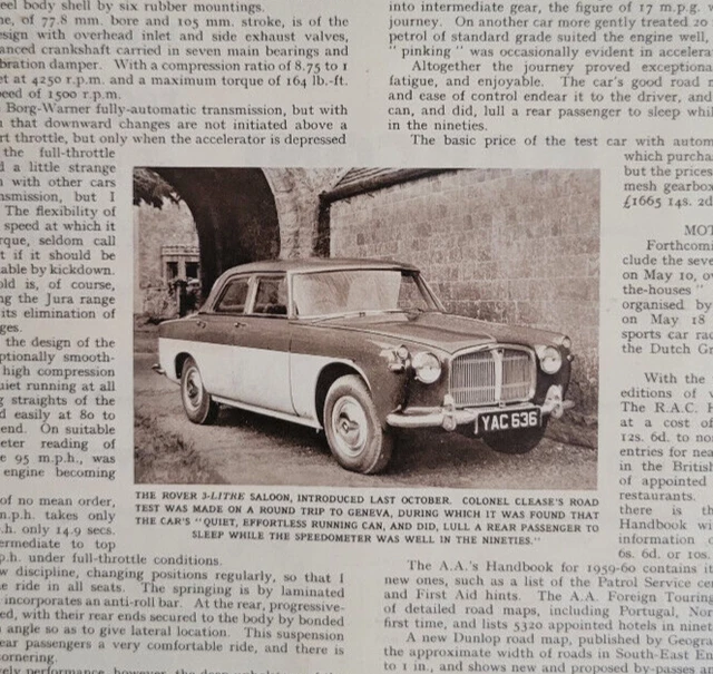 Rover 3-Litre Saloon Car Review Original 1959 ILN ~9.5x14"