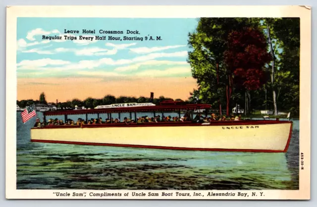 Postcard c1940 "Uncle Sam" Diesel Boat Tours Alexandria Bay NY Sightseeing A6