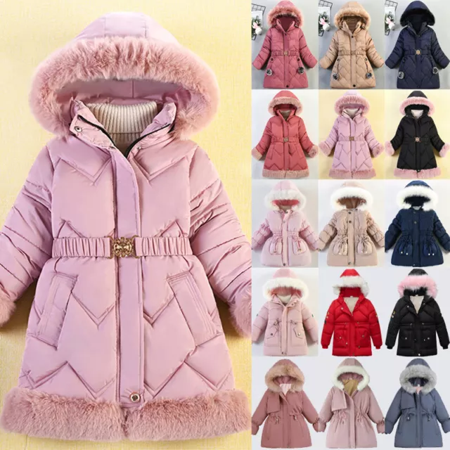 Kids Girls Quilted Puffer Jacket Faux Fur Hooded Parka Coat Winter Warm Outwear*