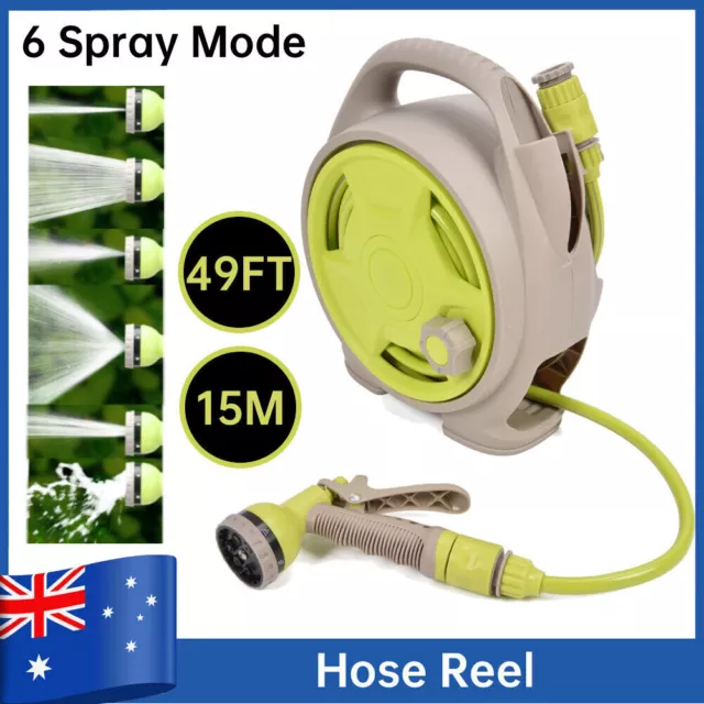 RETRACTABLE GARDEN HOSE REEL Auto Rewind Water Spray Gun 15M / 49ft 6 levels