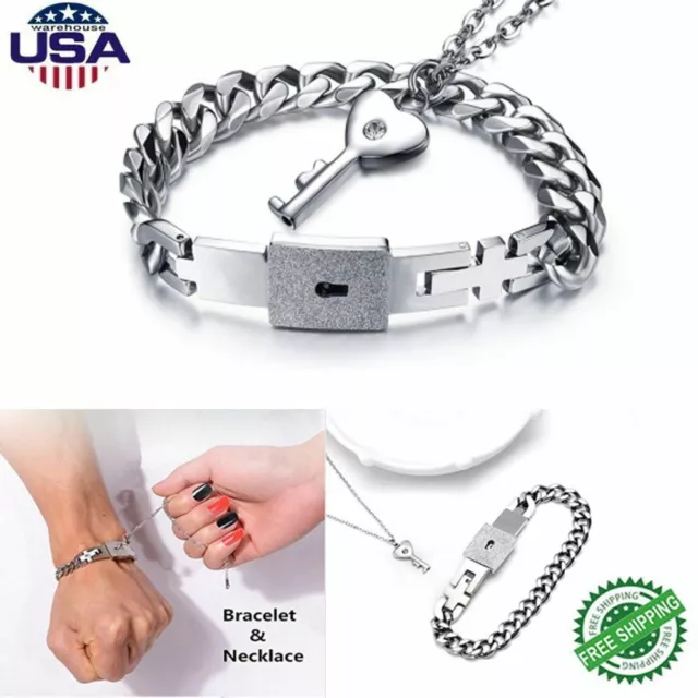 COUPLE GIFT TITANIUM Steel Lock Bangle Bracelet and Key Pendant ...