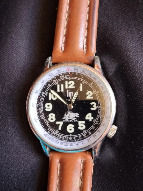Montre LIP Croix Du Sud Type 10 – Boîtier Acier, Bracelet Cuir Marron, Très Bon état