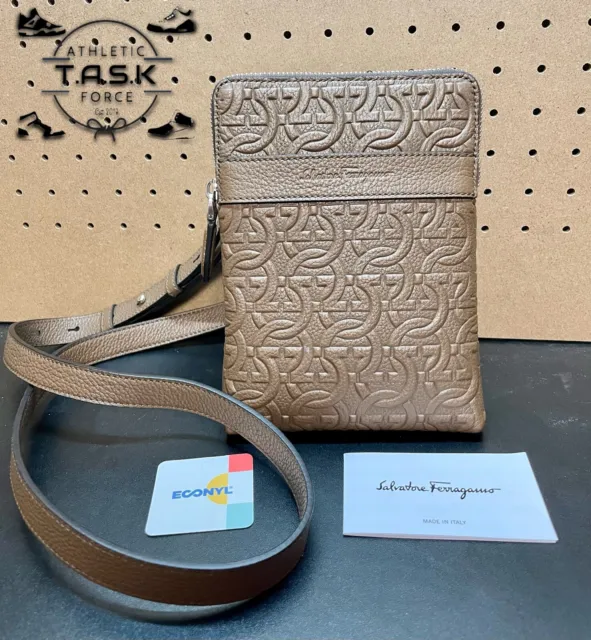 $795 Salvatore Ferragamo Travel Embossed Leather Crossbody Bag NOCE TAUPE Brown