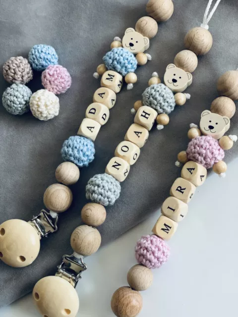 Schnullerkette mit Namen Mädchen Junge Natur Holz Teddy Bär personalisierte Baby