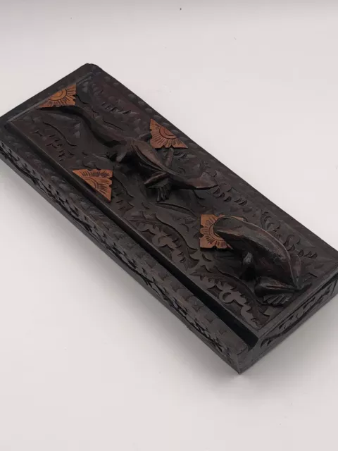 Wooden Vanity Box With 8 Hair Forks Hand Carved Frog Lizard Decor