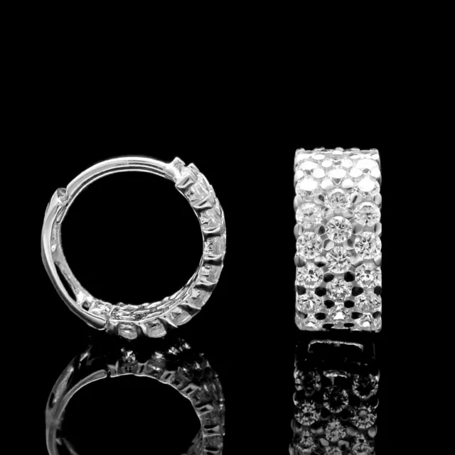 Real 14k Solid White Gold Huggie Earrings 3-Row Cluster Pave w/ Sparkly Stones