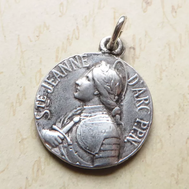 St Joan of Arc with Sword Medal - Sterling Silver Antique Replica