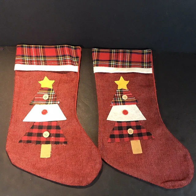 2 Christmas Tree Stockings Christmas Tree Red Plaid Primitive Rustic Country
