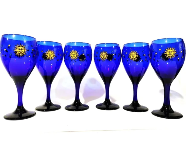 Libbey Cobalt Blue Celestial Goblet Wine Glass Sun Moon & Stars. SET OF SIX