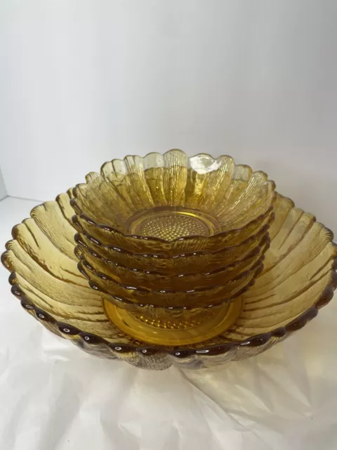 Anchor Hocking Sunflower Glass Large Salad Serving Bowls Honey Amber Vintage Set