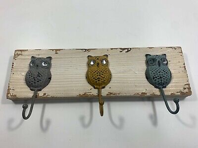 3 Owls Wood/Metal Handcrafted 3 Wall Mount Hooks Key Storage Organizer Decor