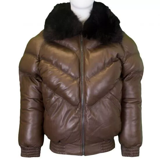 Men's Real Lambskin Brown Leather V Bomber Jacket w/ Faux Fur Collar Winter Coat