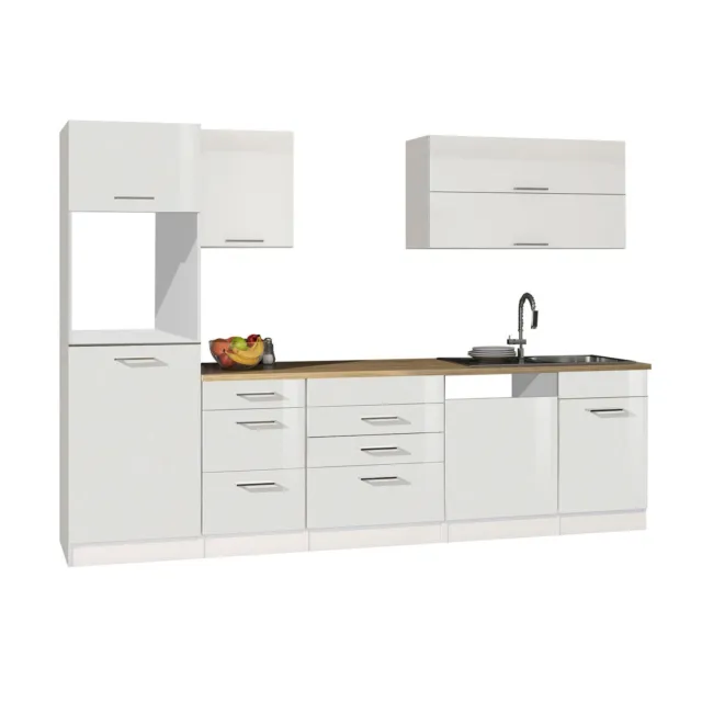 Küchenzeile 300 cm Einbauküche ohne Elektrogeräte Küchenblock hochglanz weiß