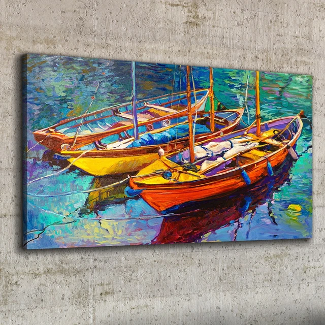 Image Muraux Tableau sur Toile 100x50 Peinture Abstraction lac mer eau bateaux