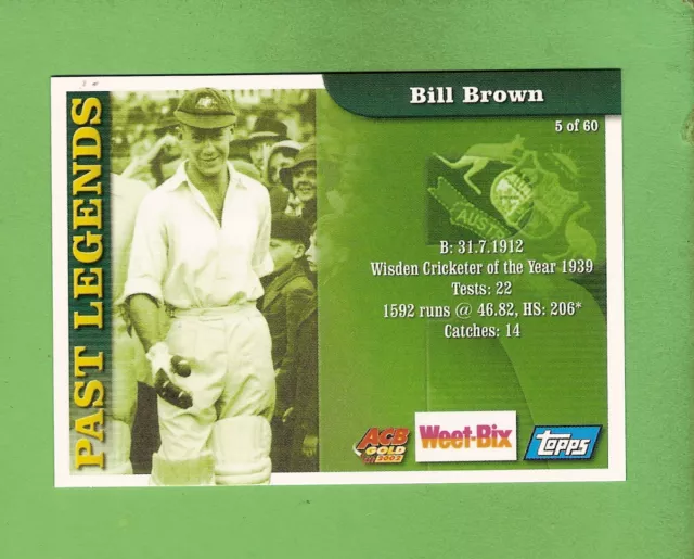 #D550. Scarce Replacement Bill Brown Card For 2002 Sanitarium Cricket Card Set