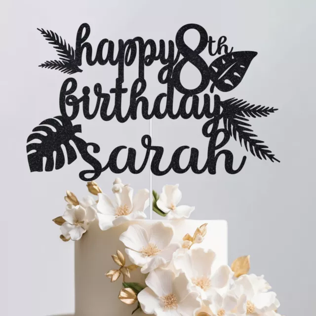 Personalised Birthday Cake Topper flower, leaf, Any Age Name Glitter Cake Decor