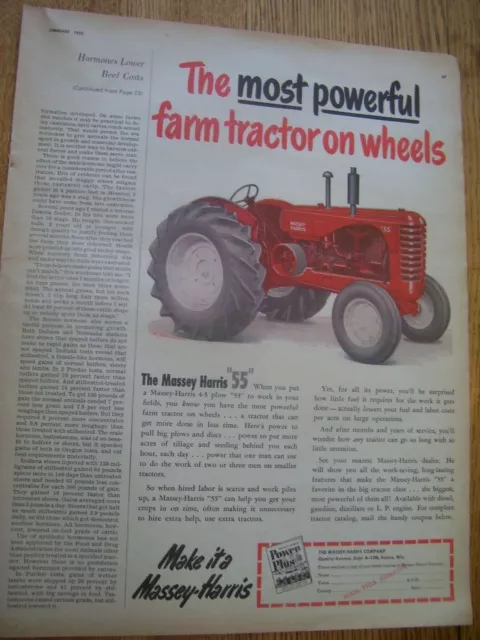 Vintage Massey Harris  Advertising Page- Mh   55 Tractor  4 & 5 Plow Power- 1952