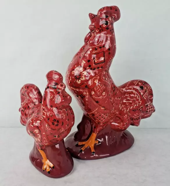 Set of 2 Vintage Red Bandana Ceramic Rooster & Chicken Country Farmhouse Decor