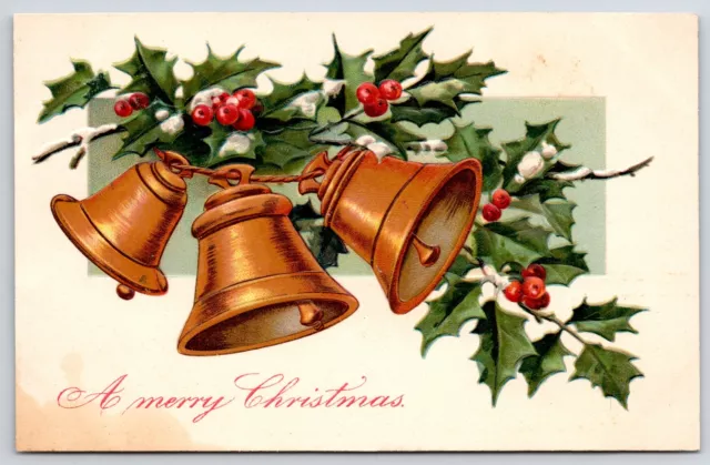 A Merry Christmas Bells Green Leaves Holiday Wishes Greetings Posted Postcard