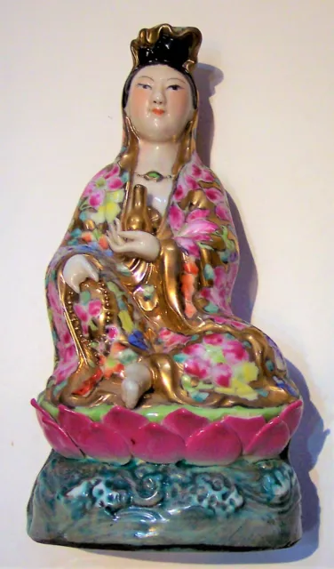 antique colorful gold  China porcelain hand painted Guanyin Buddha Lotus statue