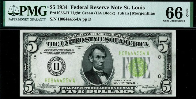 1934 $5 St Louis Light Green *LGS Federal Reserve Note 1955-H PMG 66 EPQ Top Pop